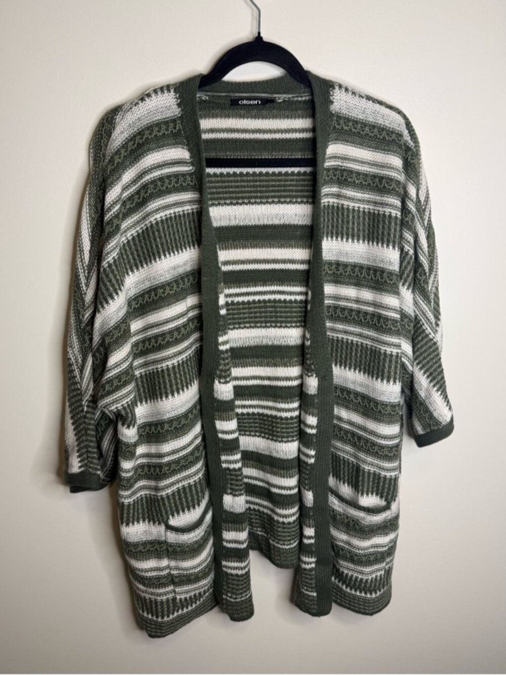 Olsen Olive & White Striped Open-Front Cardigan size XL